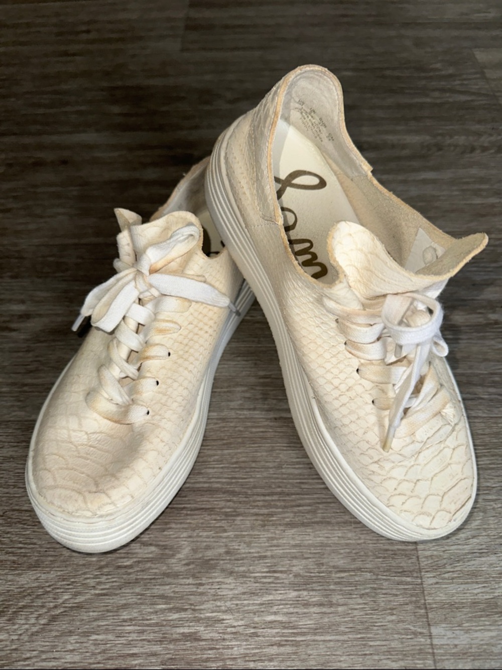 Sam Edelman Cream Textured Lace-Up Platform Sneakers